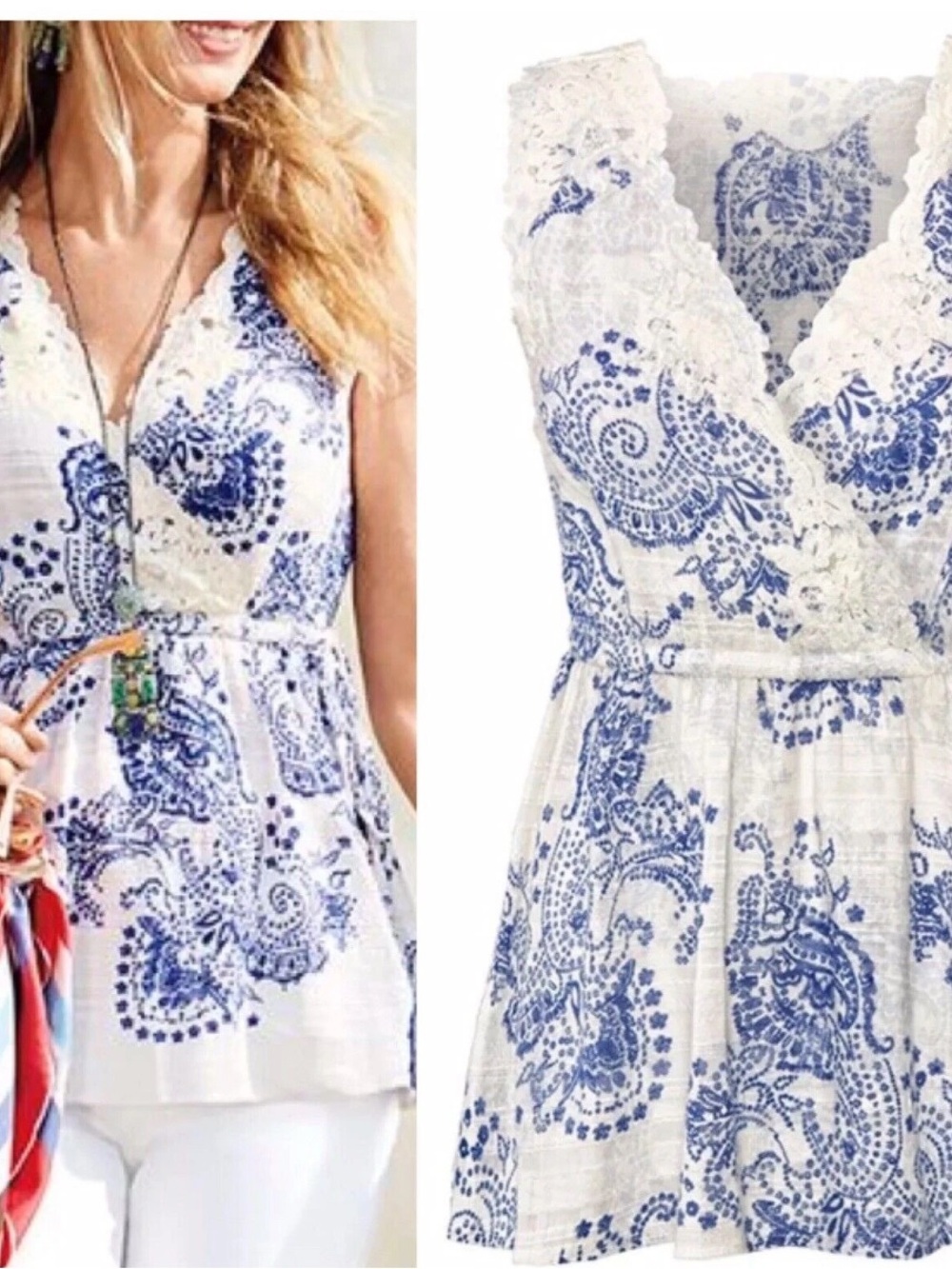 CAbi Veranda White Blue Paisley Swirl Crochet Lace Tank Top 5223 Size Small